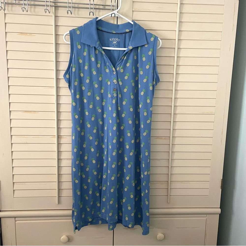 Riders by Lee Blue Sleeveless Dress with Pineapple Print